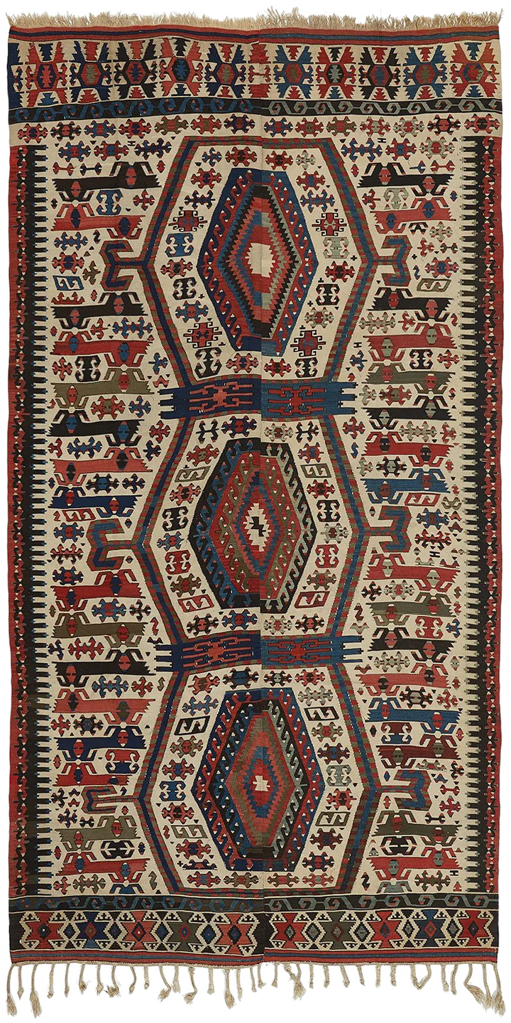 Multicolored Ivory Vintage Anatolian Wool Kilim Rug - 5'3" x 10'4"