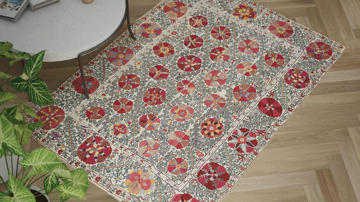 Red & Blue Vintage Traditional Flatweave Wool Rug - 5' x 7'1"