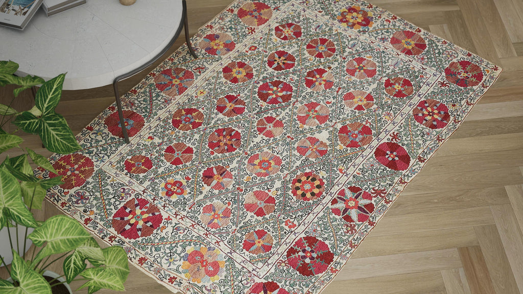 Red and Blue Vintage Traditional Flatweave Wool Rug - 5' x 7'1"