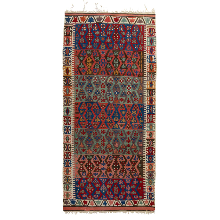 Red and Green Vintage Traditional Alyosha Wool Rug - 4'11" x 11'2"