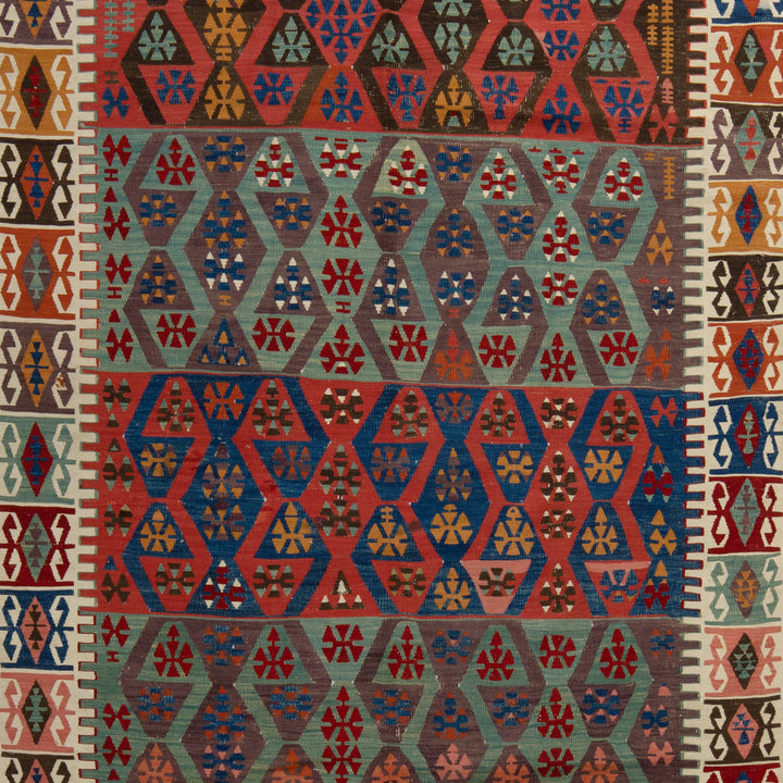 Red and Green Vintage Traditional Alyosha Wool Rug - 4'11" x 11'2"