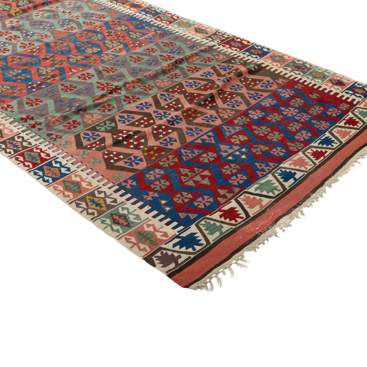 Red and Green Vintage Traditional Alyosha Wool Rug - 4'11" x 11'2"