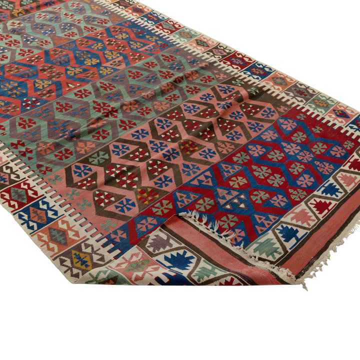 Red and Green Vintage Traditional Alyosha Wool Rug - 4'11" x 11'2"