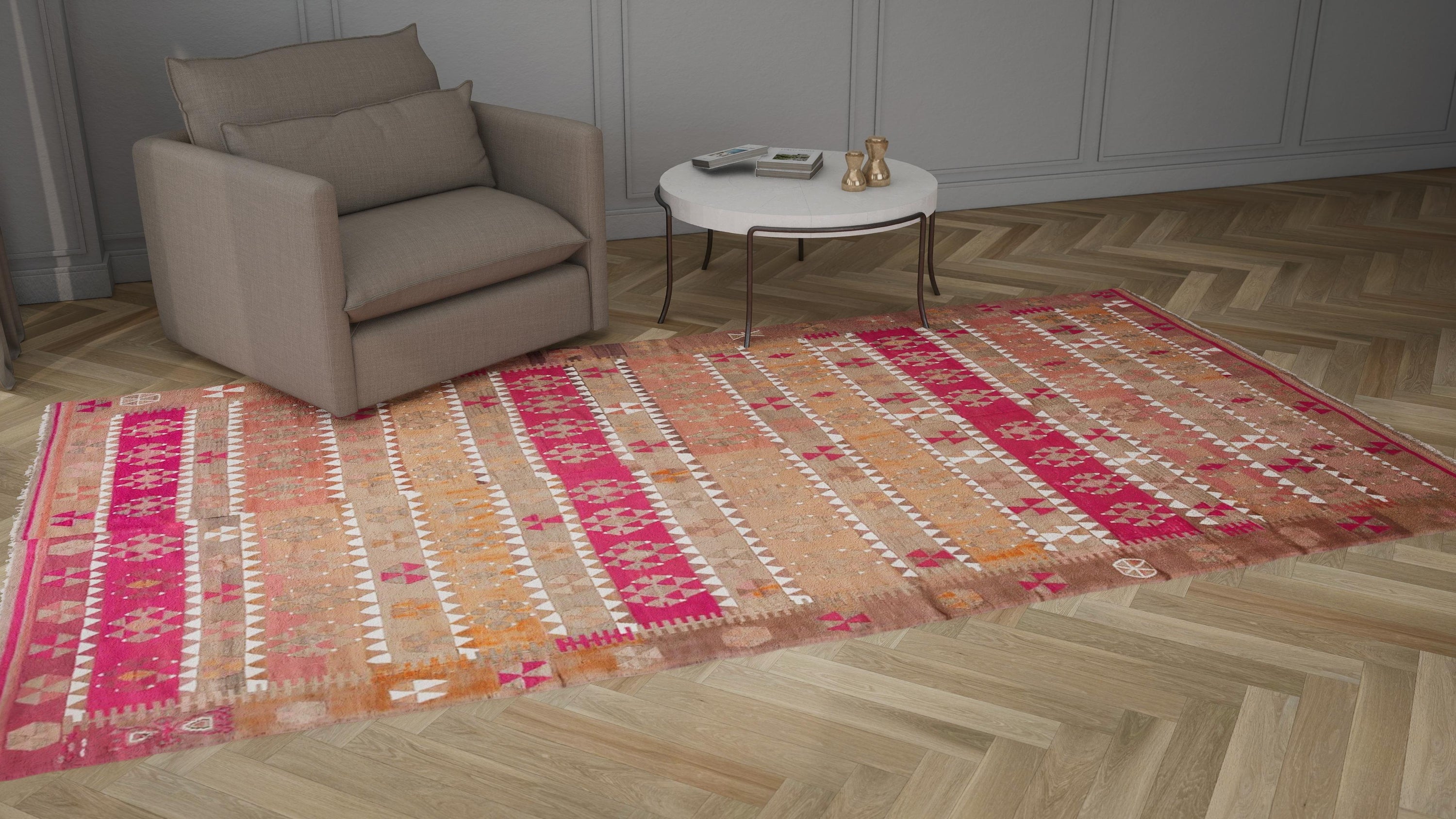 Pink and Orange Vintage Flatweave Anatolian Wool Rug - 6'8" x 12'7"