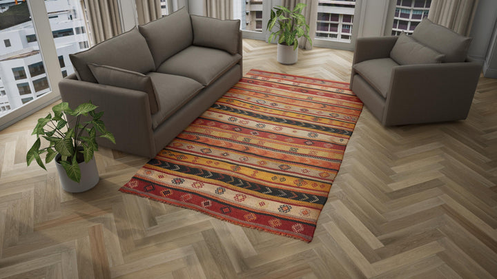 Red & Orange Vintage Wool Kilim Rug - 6'5" x 11'2"