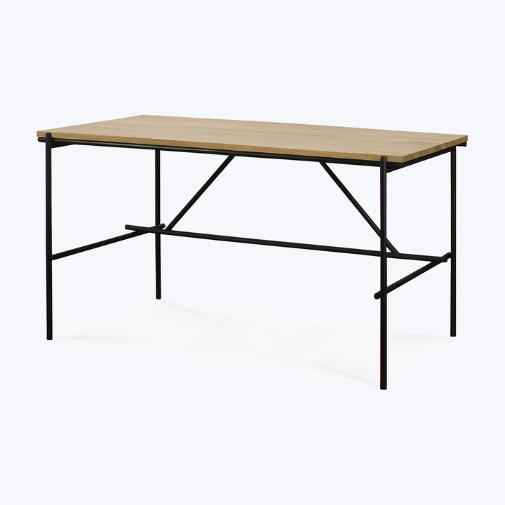 Modern table with light wood top and black metal frame.
