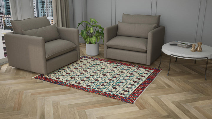 Ivory & Red Vintage Traditional Wool Rug - 5'3" x 6'7"