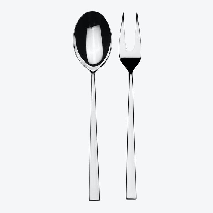 Sleek modern spoon and fork with reflective polished metal design.