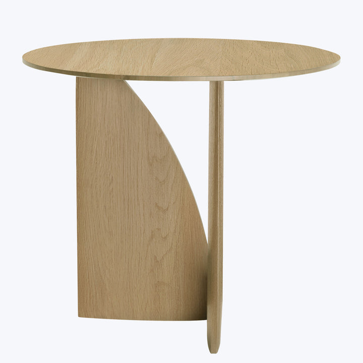 Modern wooden side table with unique curved and straight legs.