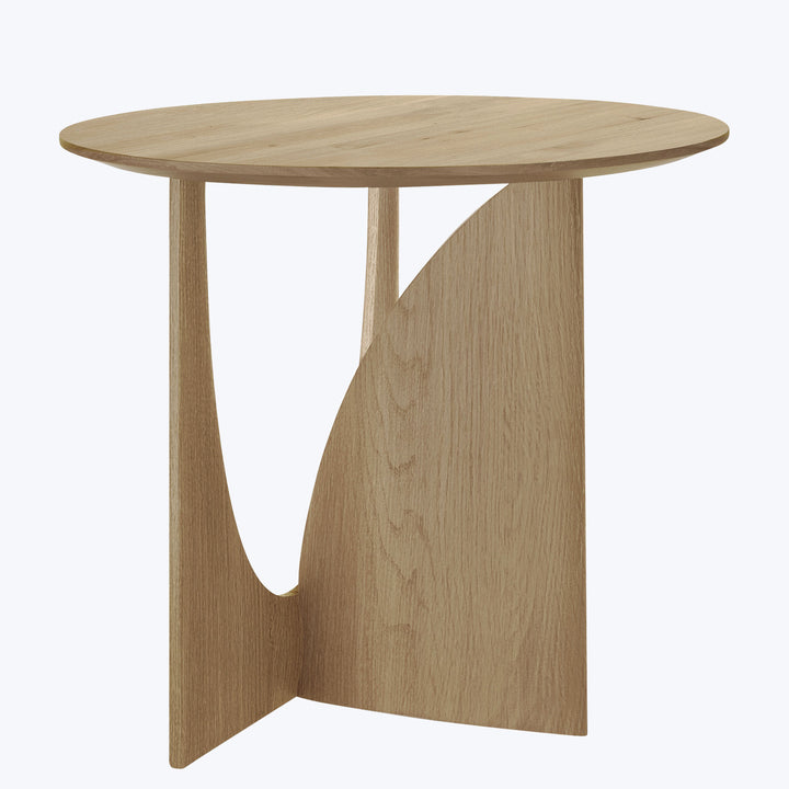 Modern round side table with unique curved-leg support, wood finish