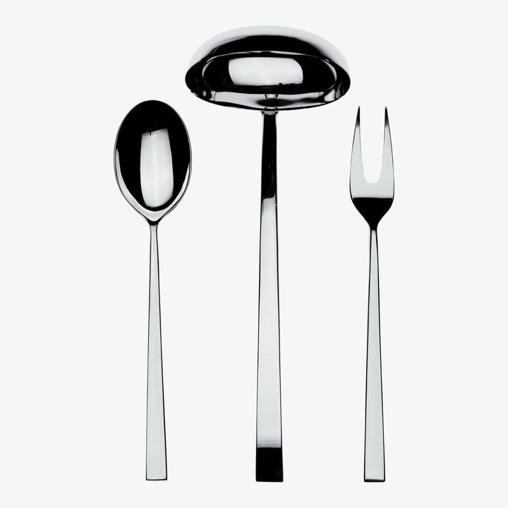 Elegant silver cutlery set with teaspoon, soup spoon, and fork.
