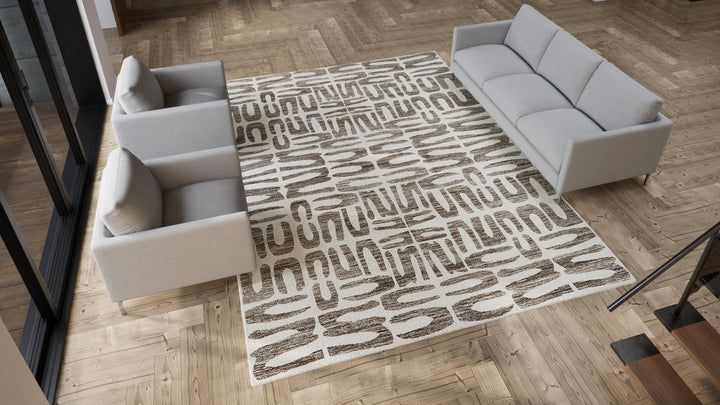 Brown & Ivory Modern Tibetan Wool Rug - 9'1" x 12'2"