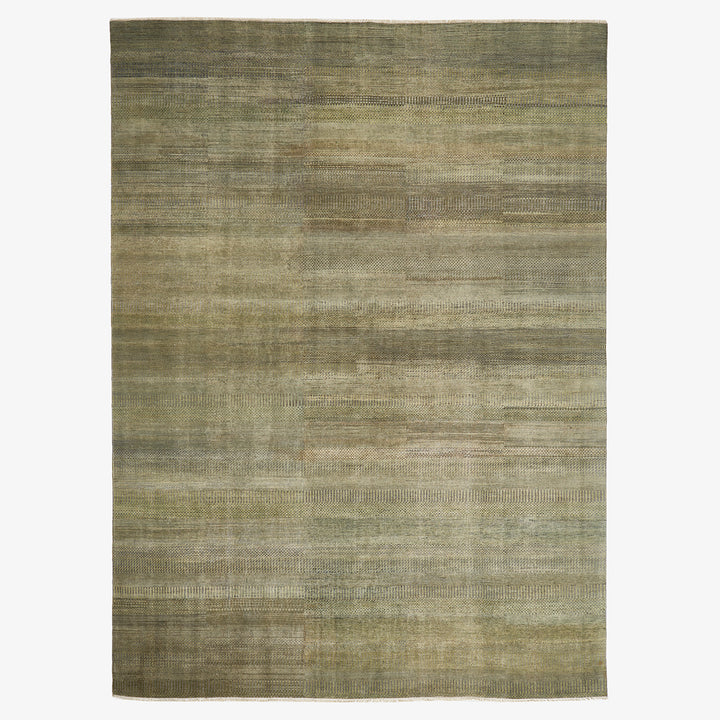 Modern gradient rug with horizontal striation pattern in earthy tones.