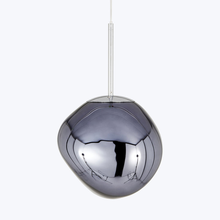 Modern chrome finish pendant light fixture with reflective spherical design.