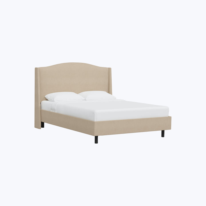 Modern-style bed with beige upholstery on white background, minimalist design.