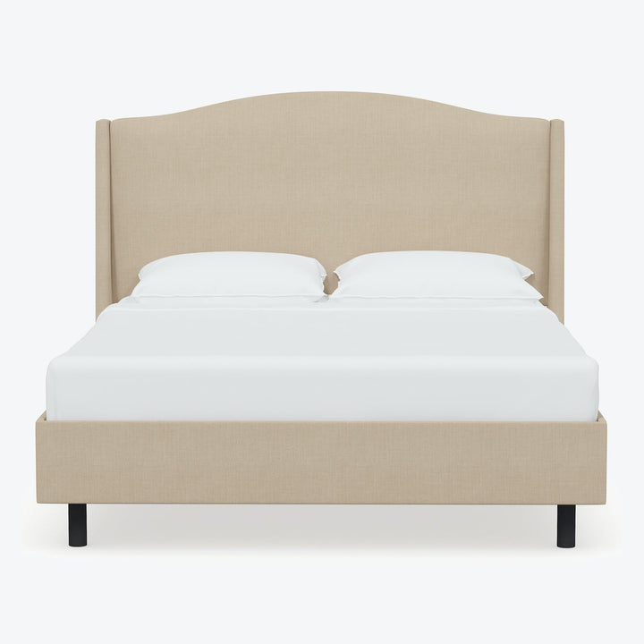 Minimalist modern bed with upholstered headboard and neutral beige fabric