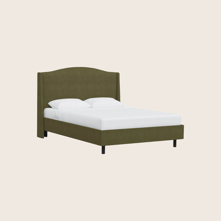 Modern olive green bed frame with minimalist design and bedding.