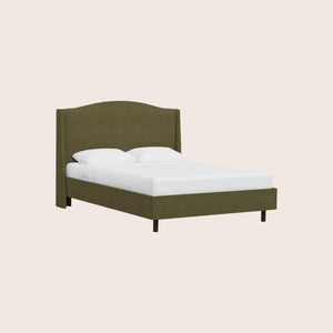 Modern olive green bed frame with minimalist design and bedding.