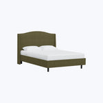 Modern olive green bed frame with minimalist design and bedding.
