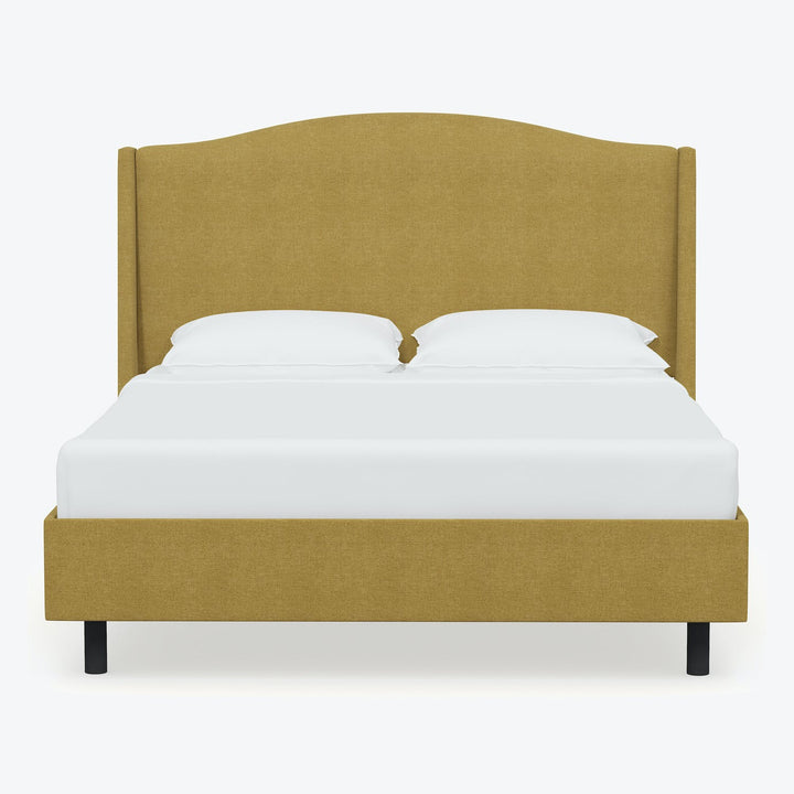 Minimalistic double/queen-sized bed with upholstered headboard in mustard fabric.