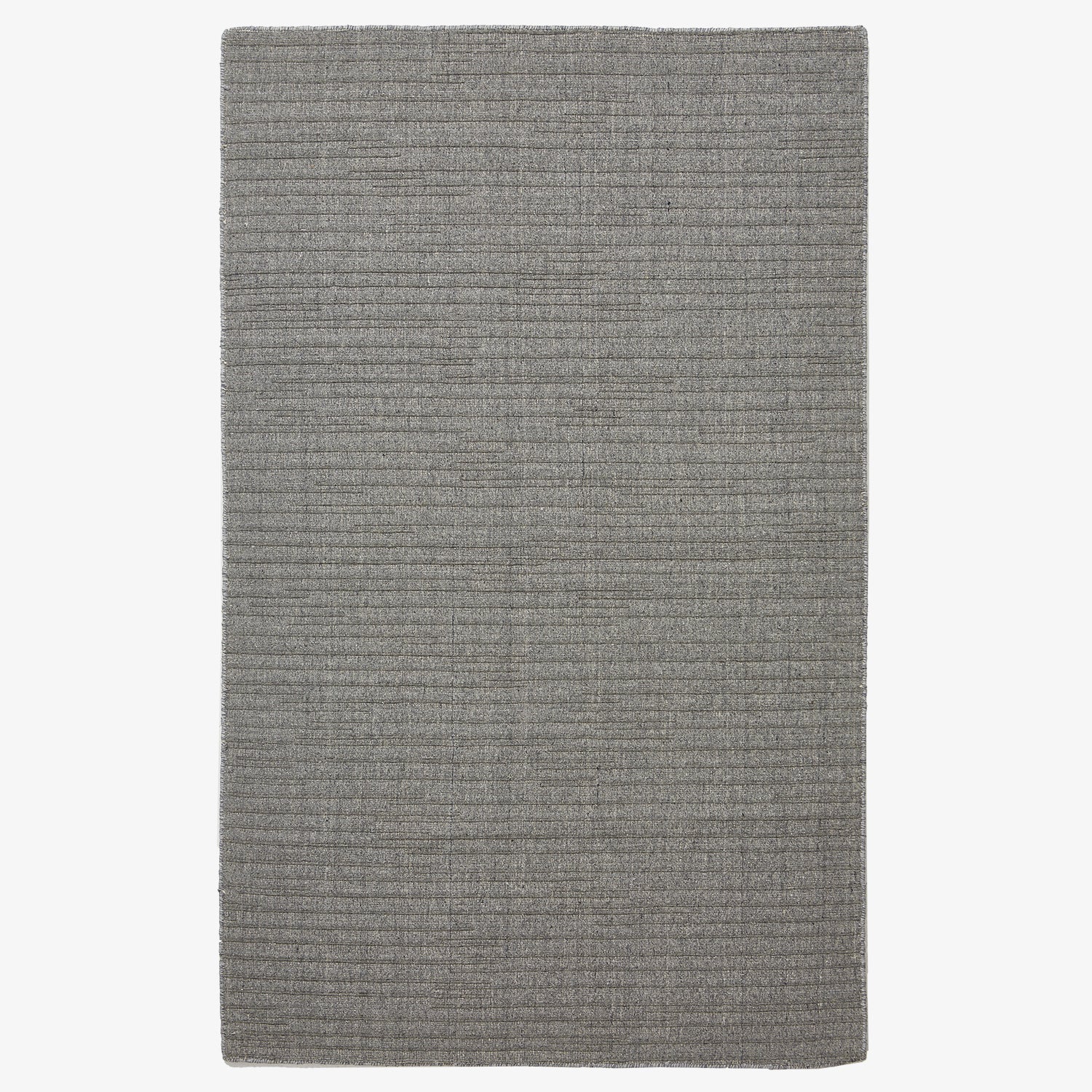 Rectangular gray rug with horizontal lines on white background.