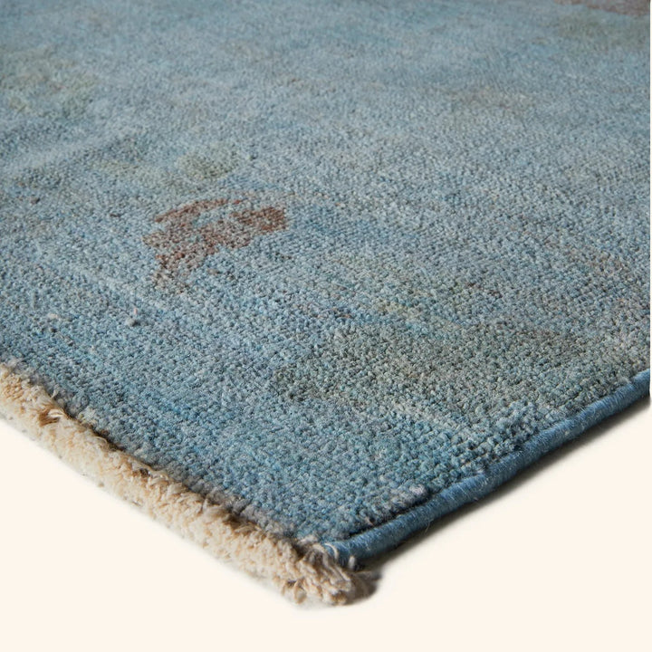 Light blue low pile rug with fringe, no visible stains.
