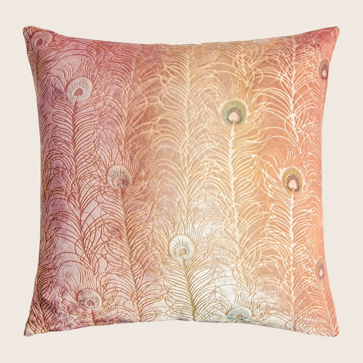 Peacock Feather Velvet Throw Pillow, Sunstone