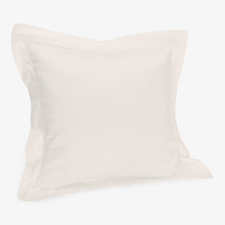 Simple white pillowcase with flange, smooth texture, full pillow inside.