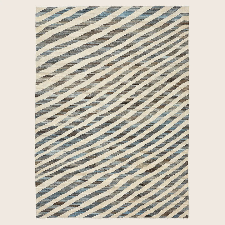 Rectangular rug with modern herringbone pattern in brown, blue.