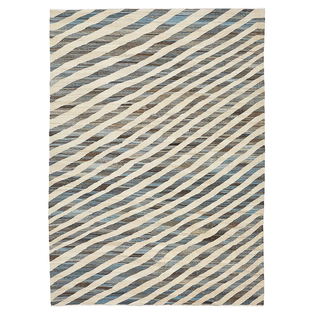 Rectangular rug with modern herringbone pattern in brown, blue.