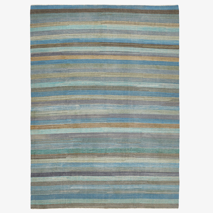 Handcrafted textile rug with horizontal stripes in muted colors.