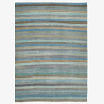 Handcrafted textile rug with horizontal stripes in muted colors.