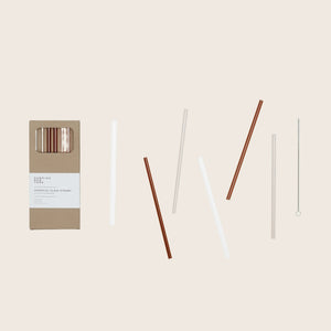 Glass straws with cleaning brush set in packaging, various lengths. - hover