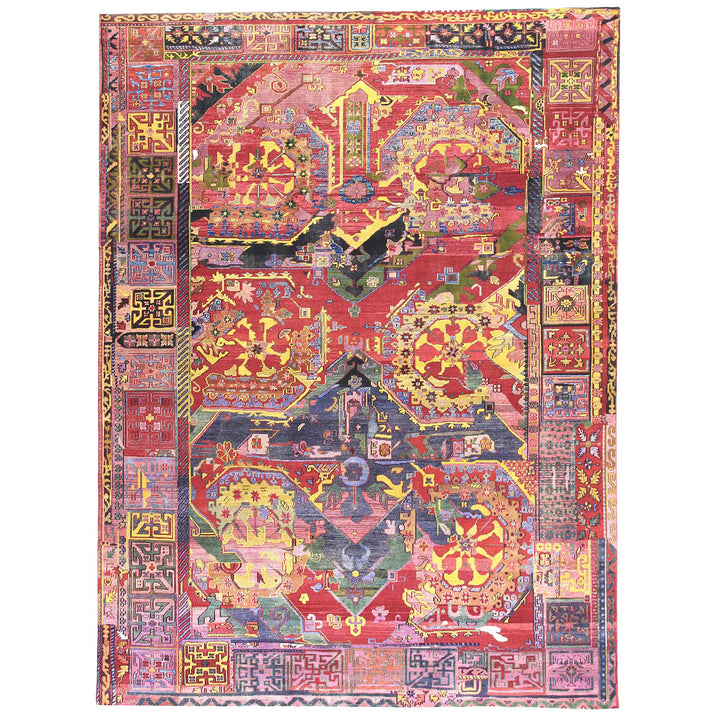 Intricate and vibrant antique Persian-style carpet featuring symmetrical patterns.