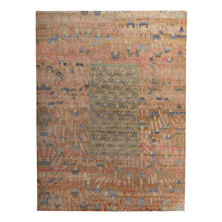 Intricate antique rug with cultural motifs in faded reds and blues.