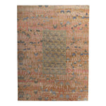 Intricate antique rug with cultural motifs in faded reds and blues.