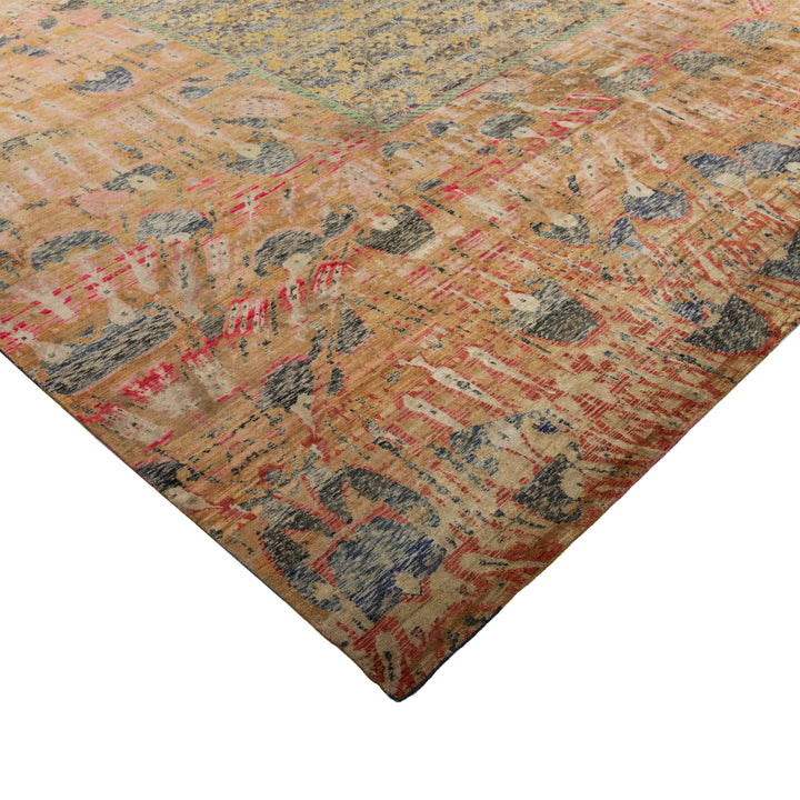 Vintage distressed flat weave rug with intricate colorful pattern design.
