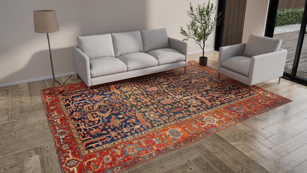 Blue & Orange Antique Persian Serapi Rug - 8'9" x 12'