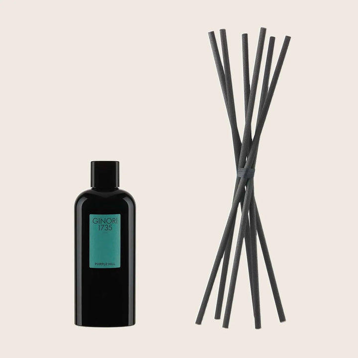 Luxury black diffuser bottle with GINORI 1735 PURPLE HILL label.