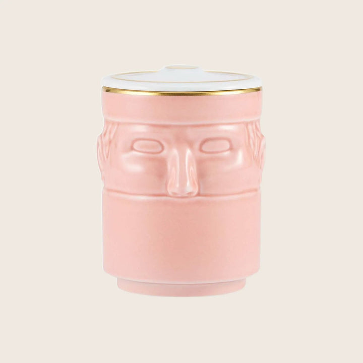 Decorative ceramic jar shaped like stylized anthropomorphic can, pink color