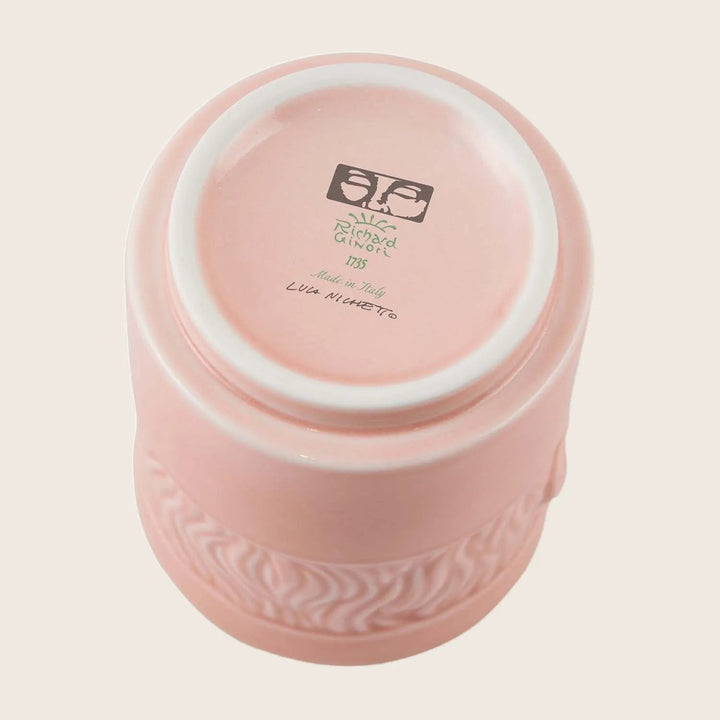 Pink ceramic vase with Made in Italy stamp and signature.
