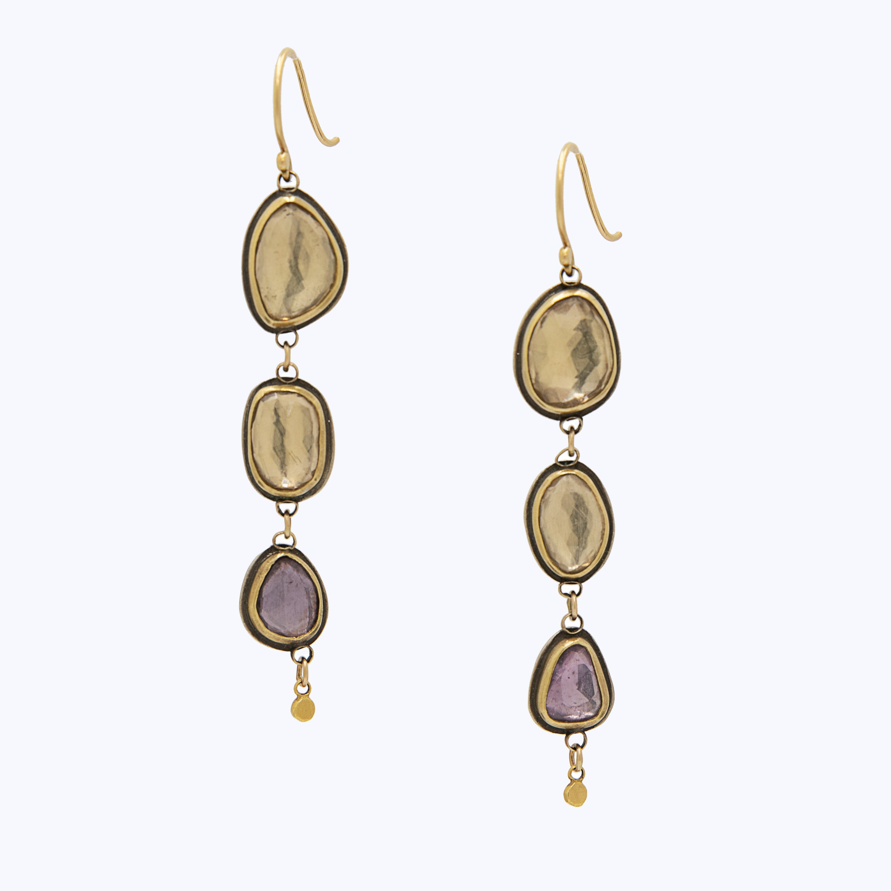 Rosecut Multi Champagne Quartz/Pink Sapphire Drop Earring, 22K Bezel, 18K Earwire, 22K Drops