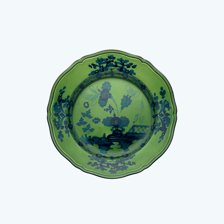 Decorative plate with scalloped edge, lime green background, cobalt design.