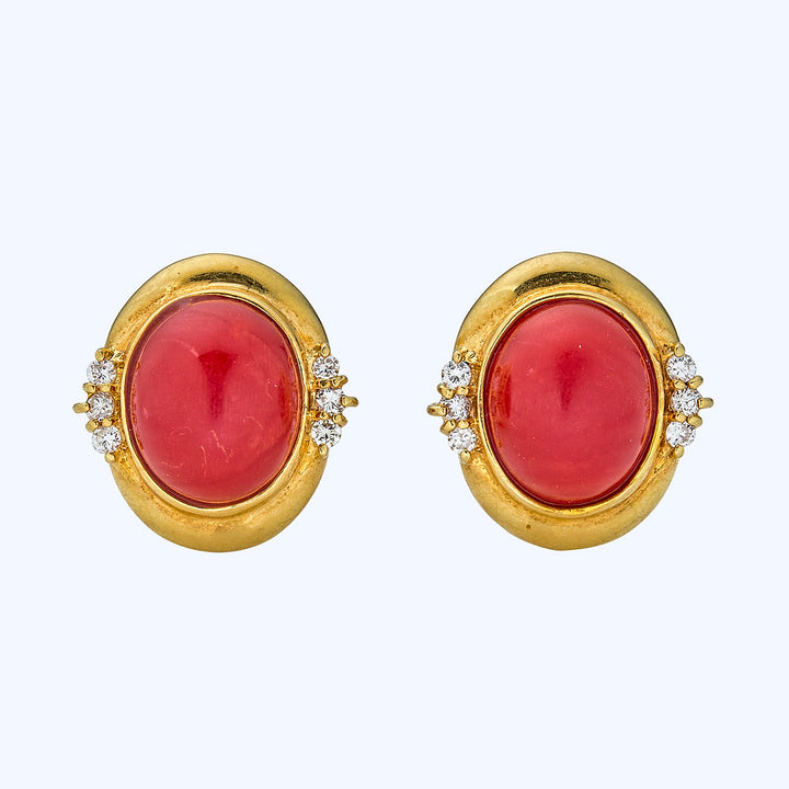 18K Yellow Gold, Coral And Diamond Earrings