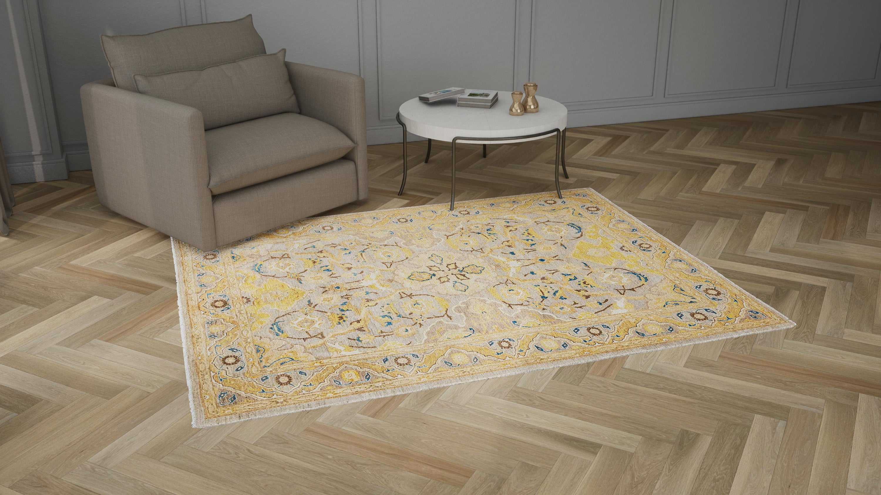 Yellow Traditional Wool Rug - 6'3" x 8'10"