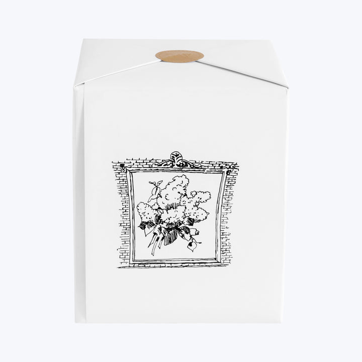 Elegant packaging with sketched floral design, round beige sticker seal.