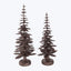 Two glittery artificial trees with snow-like finish on bases.