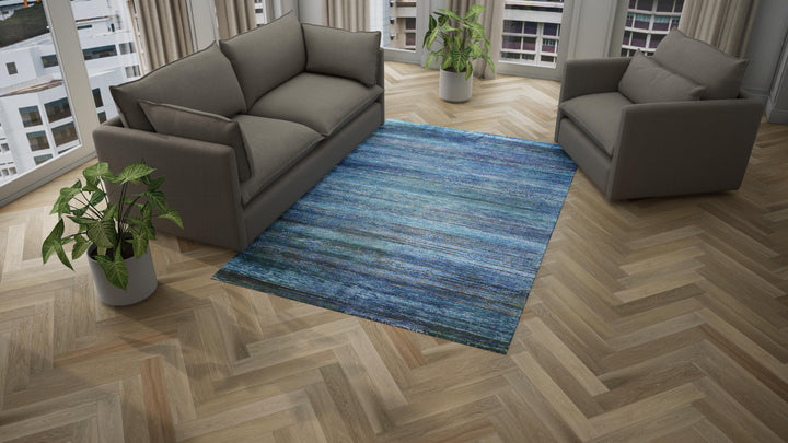 Blue Sabideh Nu Vibrant Modern Wool Silk Blend Tibetan Rug - 6' x 9'2"