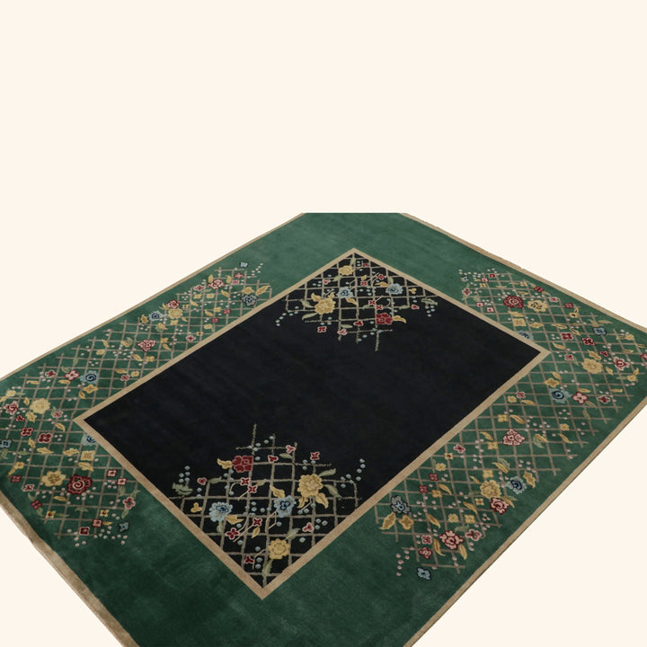 Green & Black Art Deco Wool Cotton Blend Rug - 8'2" x 9'10"