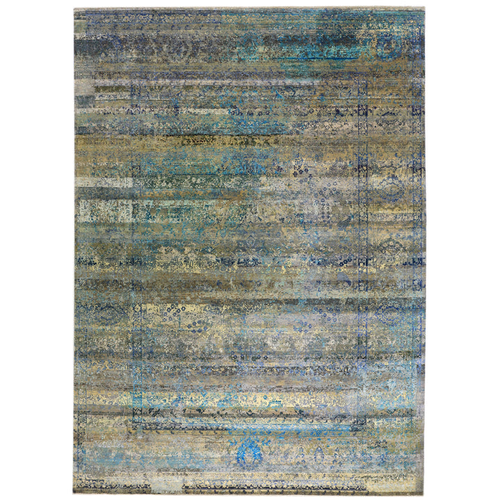 Blue & Gold Alchemy Traditional Wool Silk Blend Rug - 10'2" x 14'1"